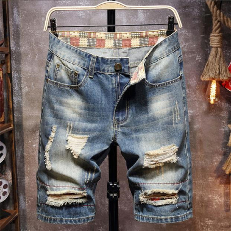 Men's Casual Knee-Length Jean Shorts with Distressed Details
