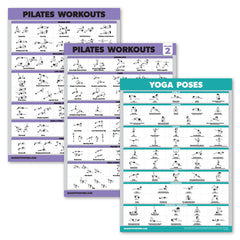 3 Pack - Pilates Workout Posters Volume 1 & 2 + Yoga Poses - Pilates Mat Work Exercises - Fitness Chart Set (18 x 24 LAMINATED)