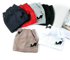 Knit Hat with Cat Ears and Bow - Little Black Cat