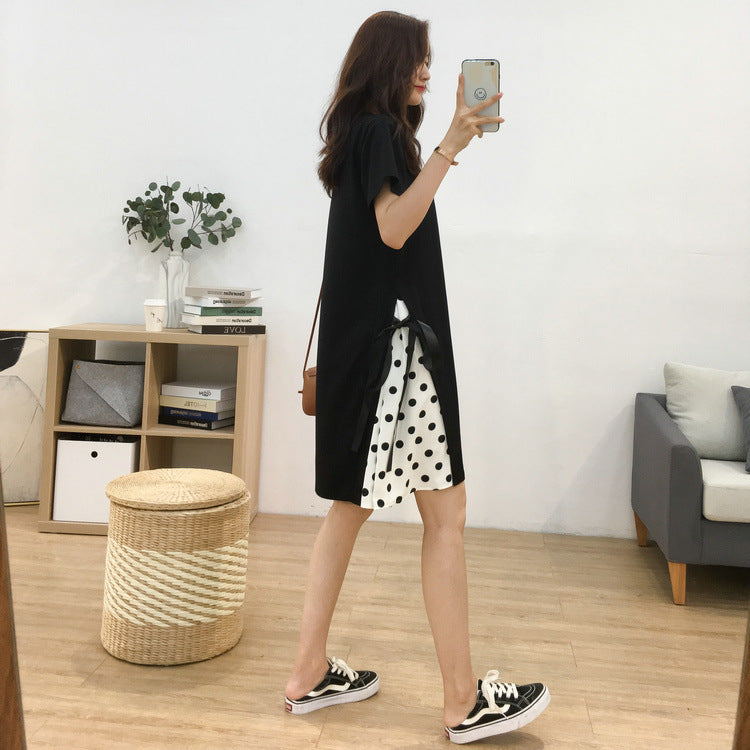 Polka Dot Chiffon Dress with Side Ties - Summer T-Shirt Dress